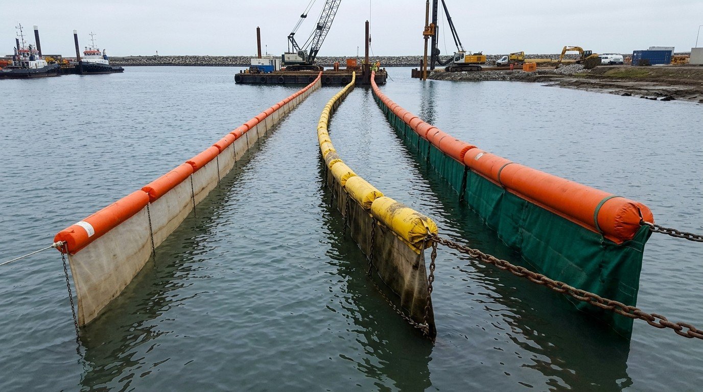 Side-by-side comparison of Type I Type II and Type III silt curtains showing different flotation sizes skirt weights and ballast chains