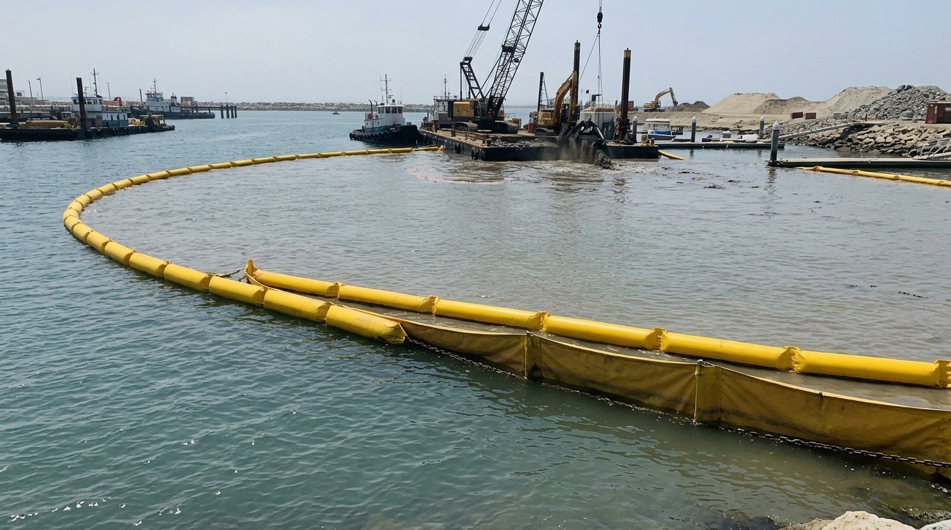 Type II silt curtain enclosing a dredging and reclamation work zone