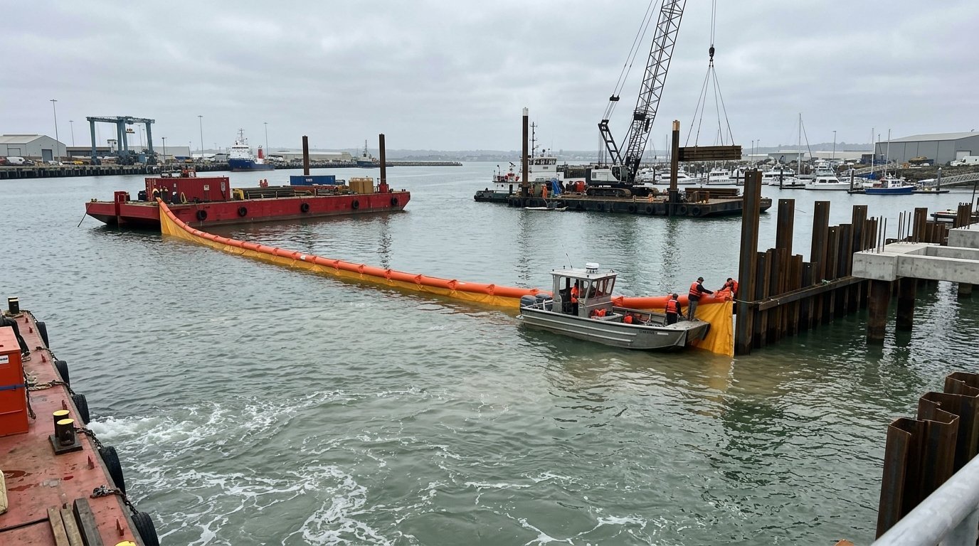 Work boat deploying silt curtain around marine piling and jetty construction