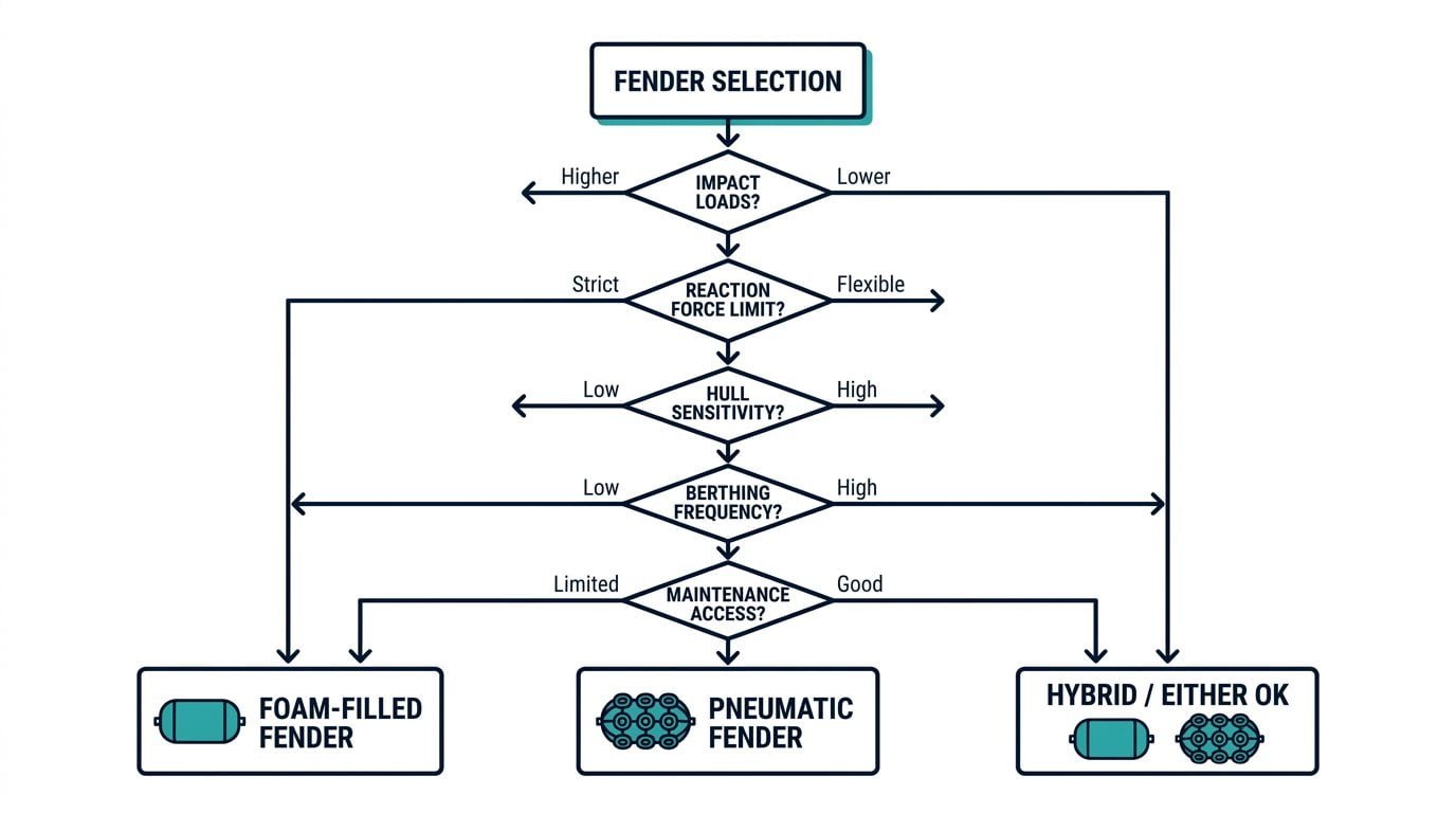Decision-tree flowchart for selecting between foam-filled and pneumatic fenders for STS transfer
