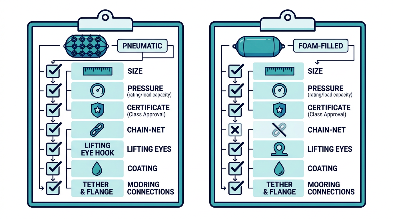 Two-column specification checklist for foam-filled and pneumatic STS fender purchase orders