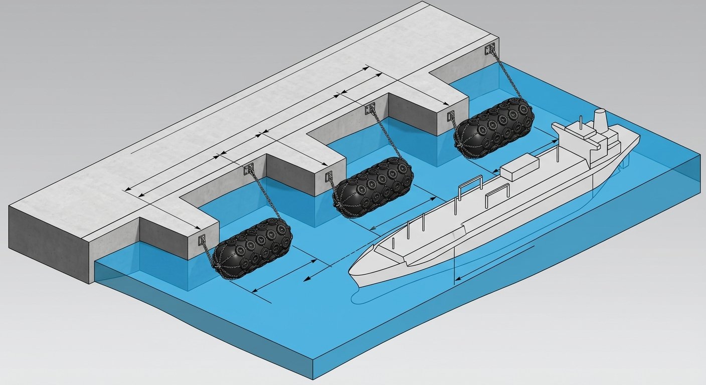 Jetty Dolphins Three Pneumatic Fenders Ship-to-Dock Layout Three pneumatic fenders aligned along jetty dolphins awaiting incoming LNG carrier — ship-to-dock fender layout