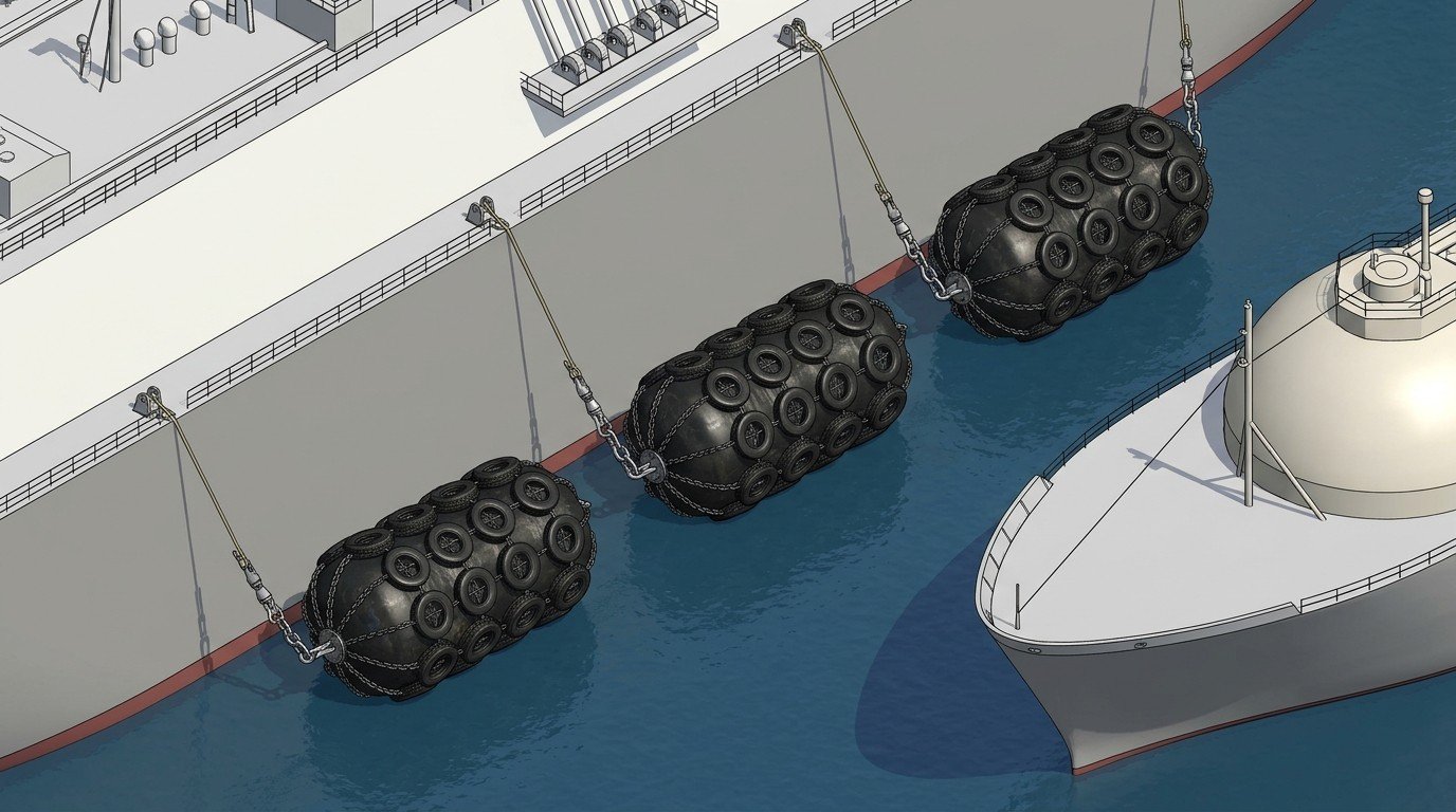 FSRU Three Pneumatic Fenders Awaiting LNG Carrier Approach Three pneumatic fenders moored on FSRU side awaiting incoming LNG carrier — pre-berthing fender layout