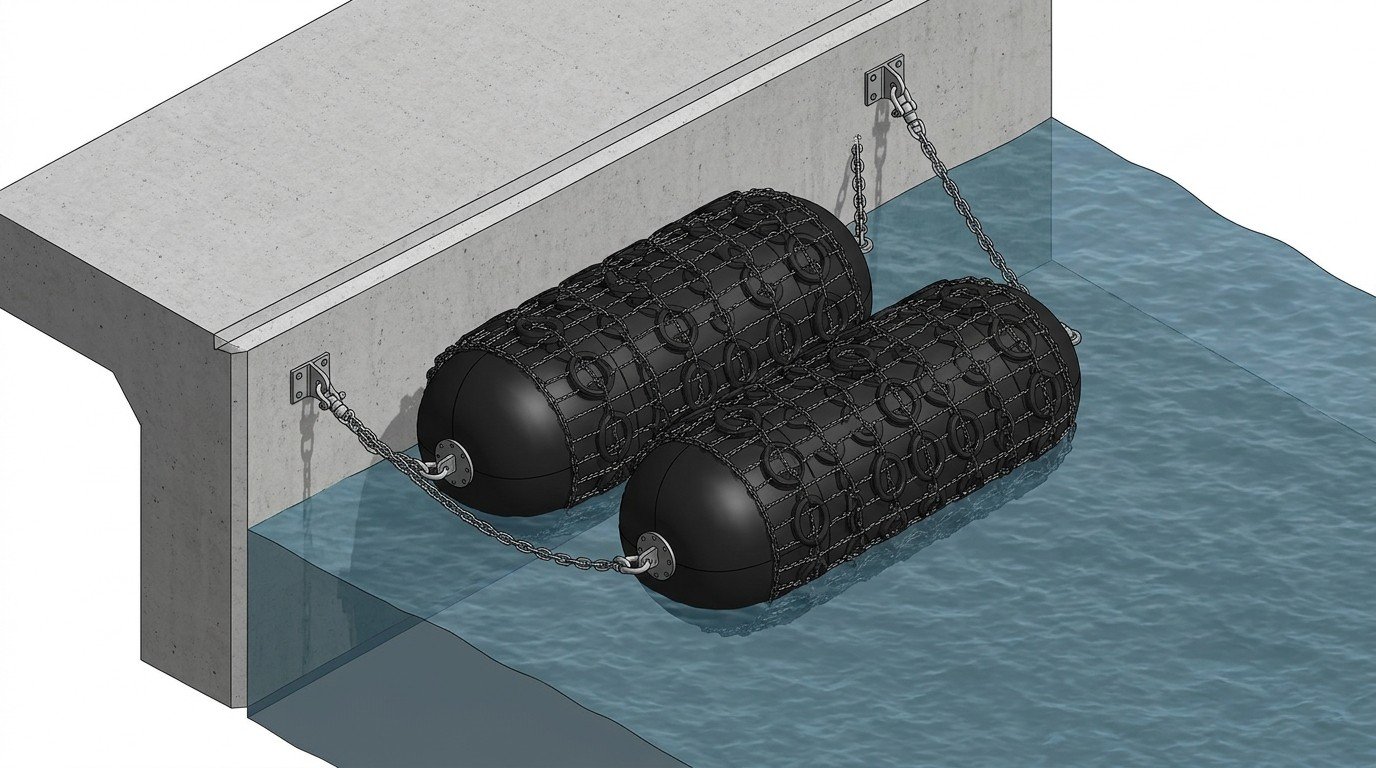 Dual Fender Redundancy FSRU Berthing Position Two pneumatic fenders at single berthing position for maintenance redundancy on FSRU