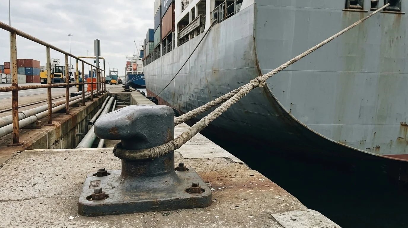 Heavy cast steel T-head mooring bollard installed on a concrete quay edge, with a mooring line led over it to a vessel alongside