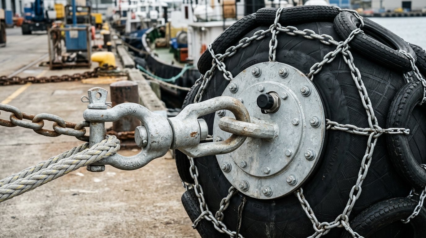 Pneumatic fender suspended from FSRU deck by HMPE guy ropes, bow shackles, and swivel joint at a single deck pad eye