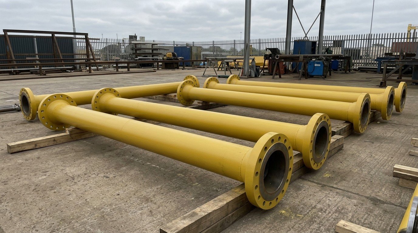 pipe spool fabrication with flanged assemblies ready for inspection