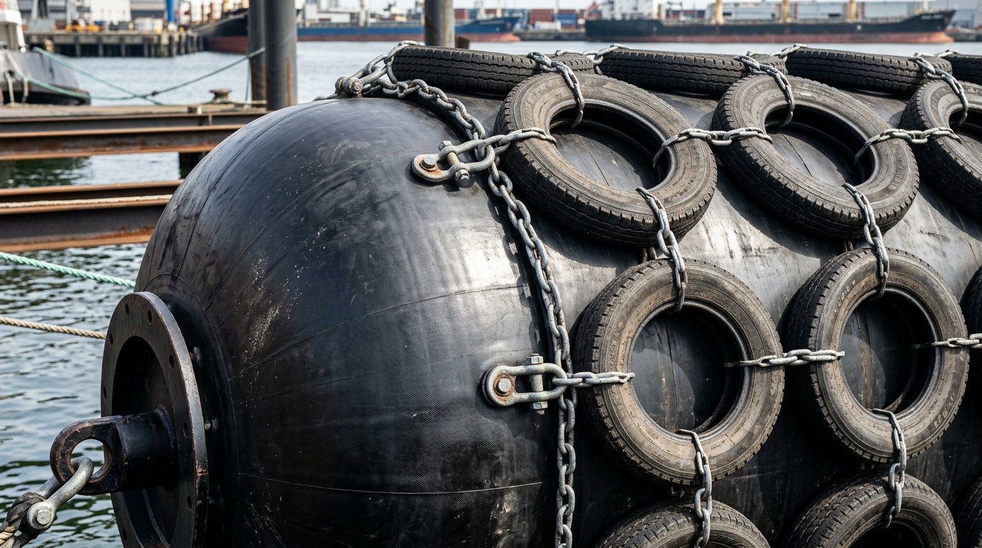 Diagram distinguishing fender body components (inner tube, reinforcing layers, tire net, end flanges) from external rigging gear (shackles, swivel, guy rope) connecting to a ship deck pad eye