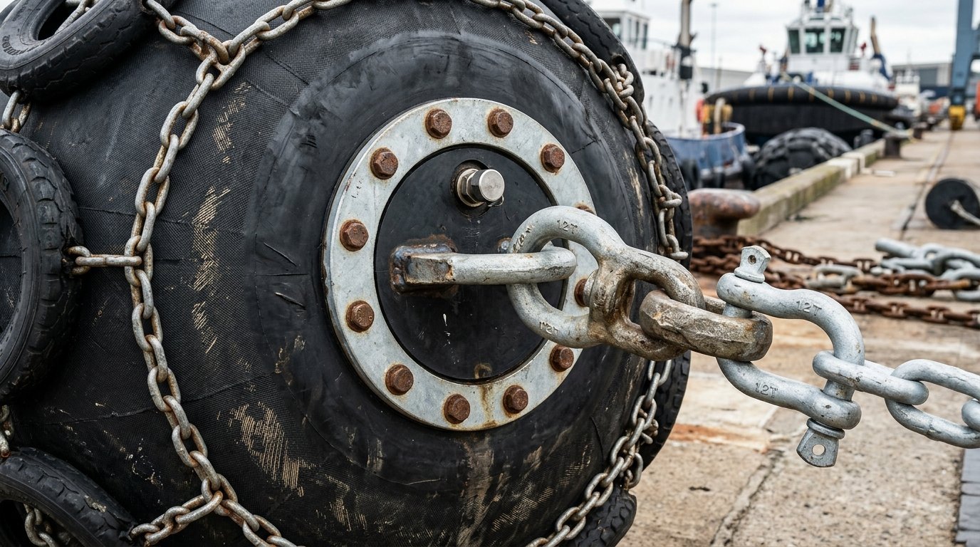 Hot-dip galvanized alloy steel swivel joint for pneumatic fender guy rope, preventing rotational twist during vessel movement