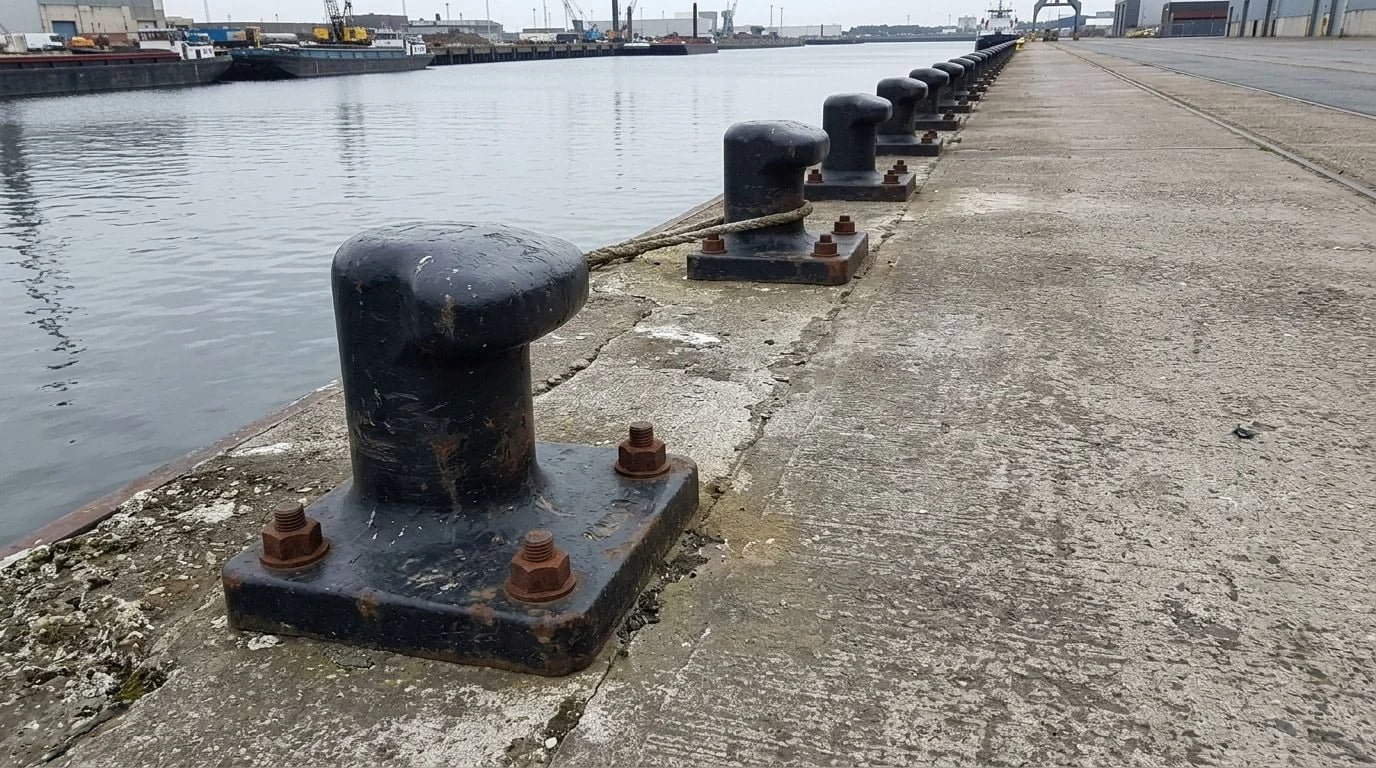 Cast steel single-bitt mooring bollards anchored into a concrete quay along a canal, coated in marine-grade black finish