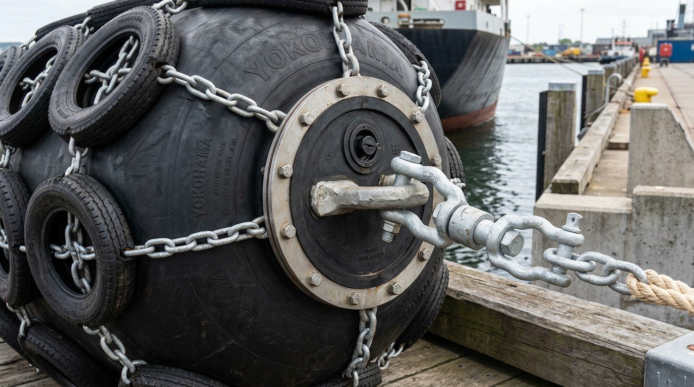 G2130 grade galvanized bow shackle and D-shackle for marine fender rigging, sized 7/8 inch to 2-3/4 inch