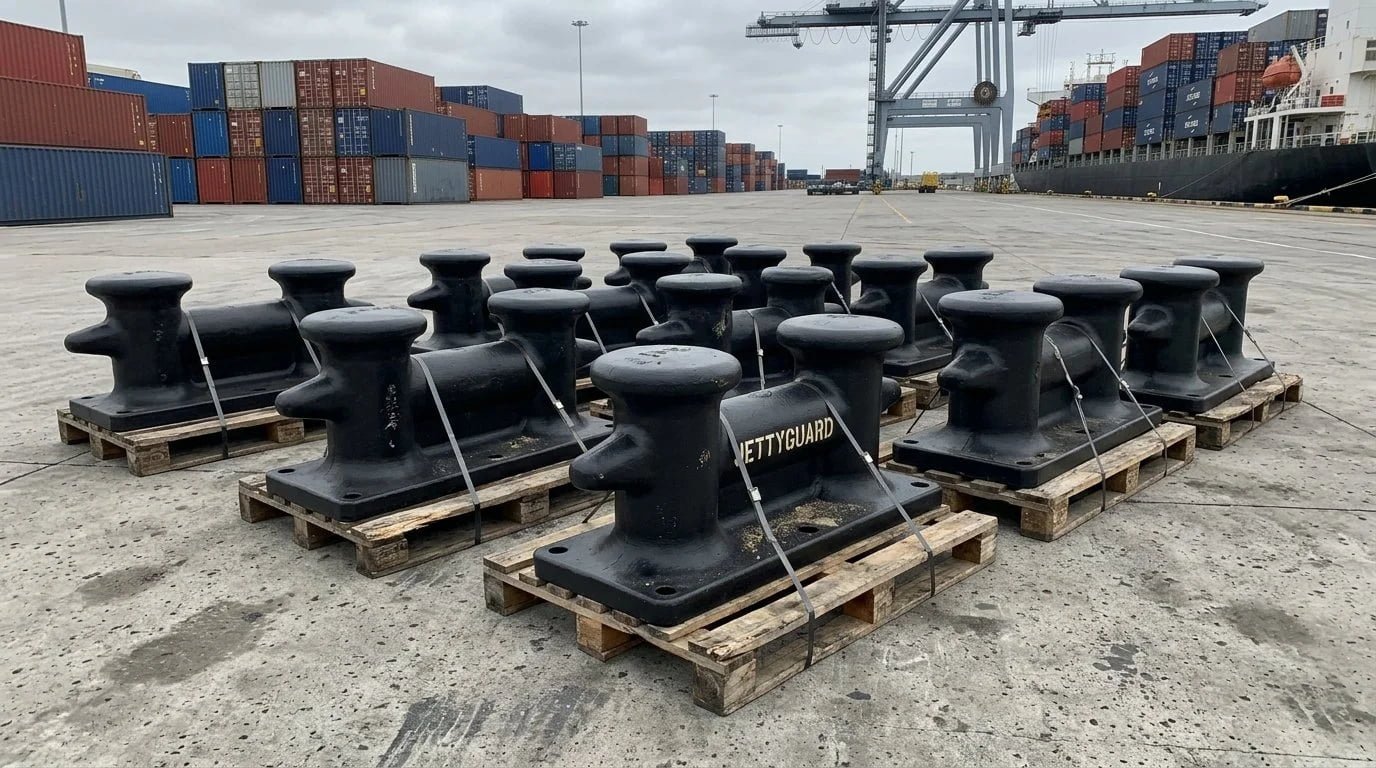JettyGuard cast steel mooring bollards packed and prepared for export shipment