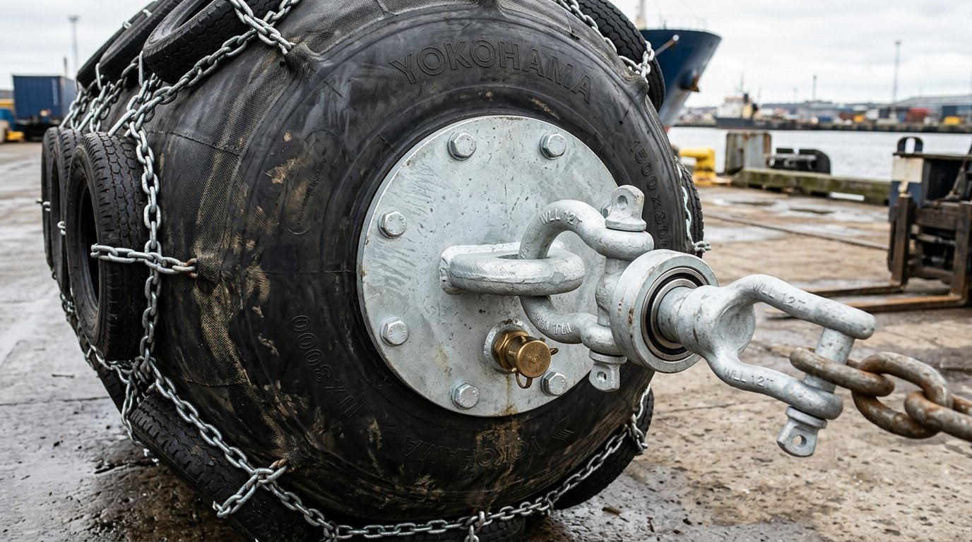 Annotated single fender suspension point showing labeled fender end ring, first shackle, swivel, second shackle, guy rope, and deck pad eye