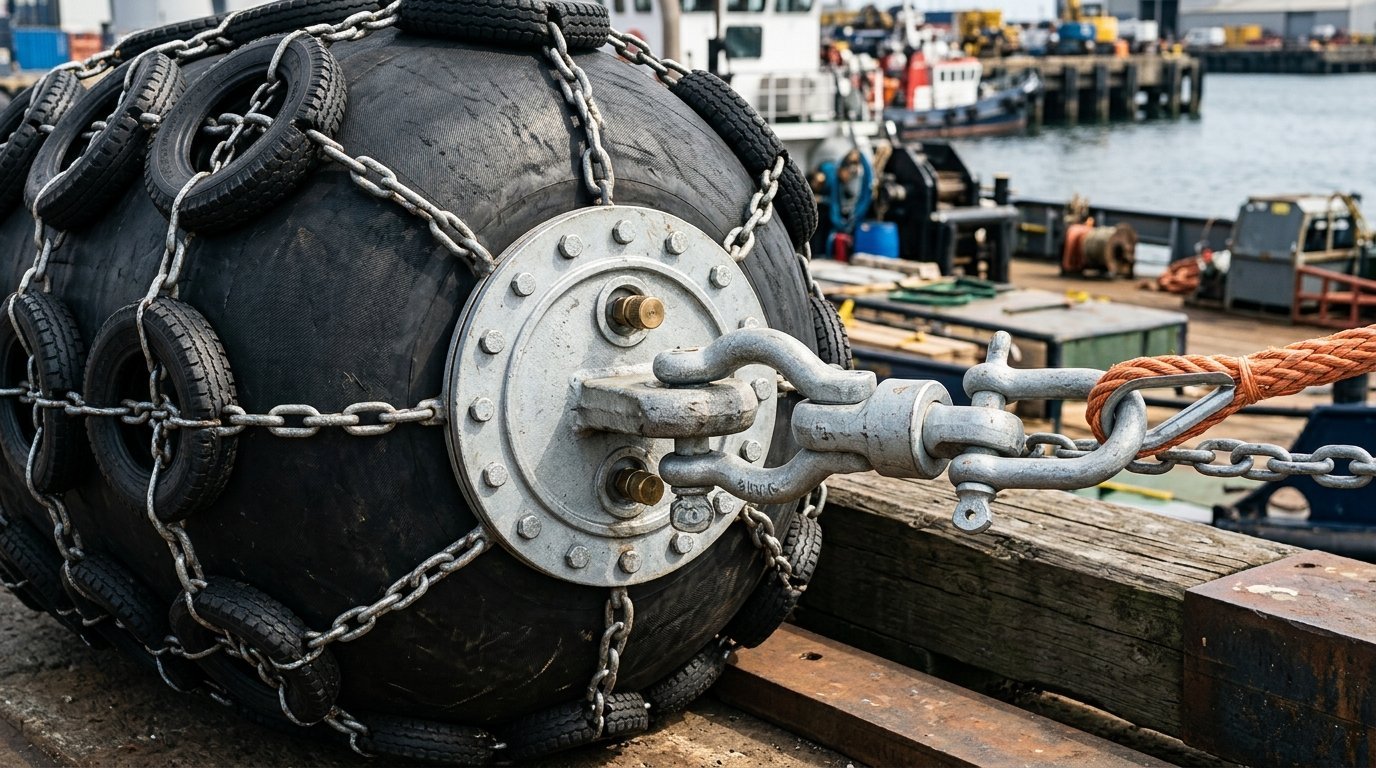 Energos FSRU rigging components with dimensions labeled: 104mm HMPE rope, G2130 bow shackle, and 36mm swivel joint