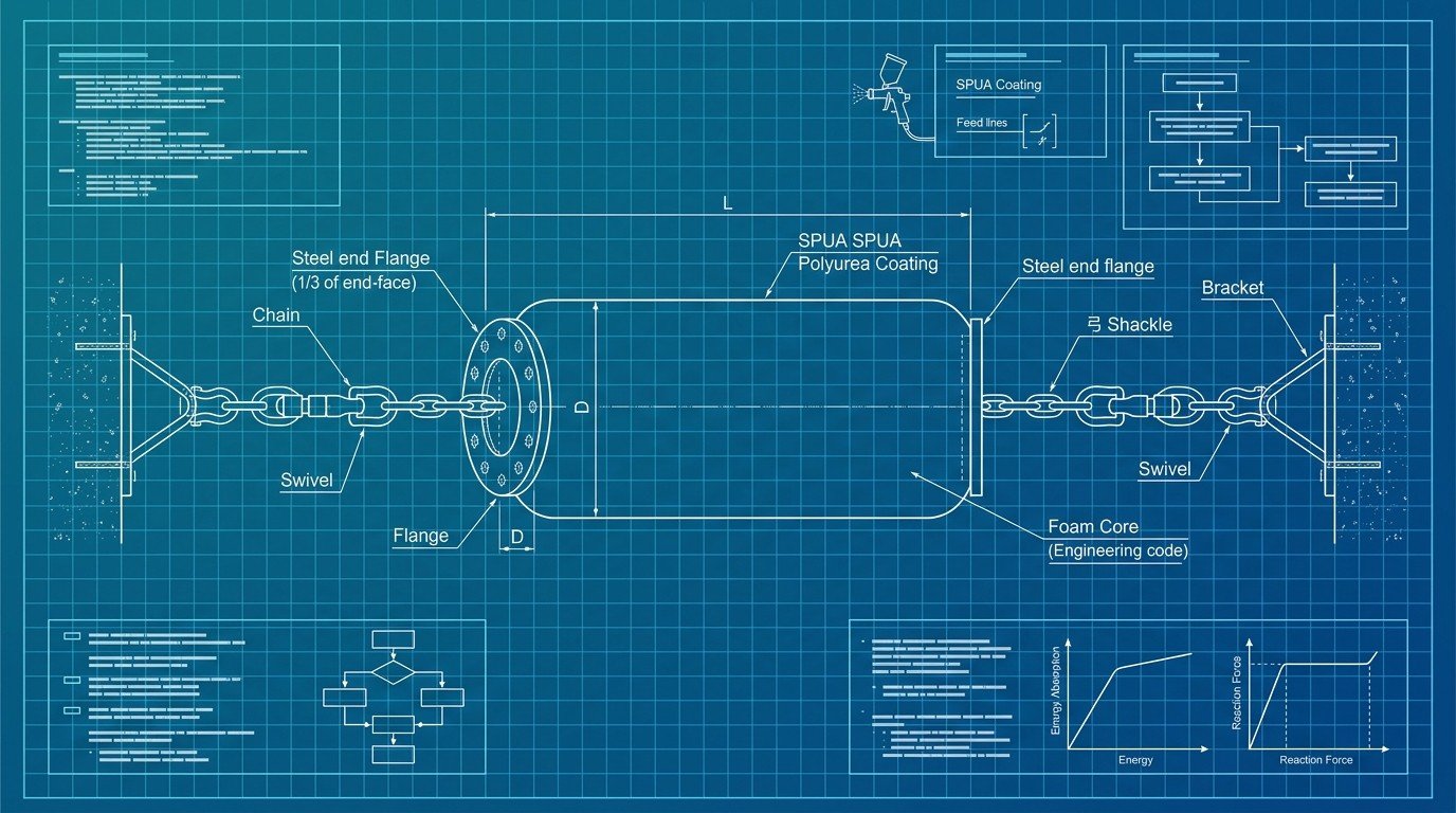 Fender standards mapping blueprint graphic Blueprint-style graphic listing UFGS, PIANC WG211 and BS 6349 standards mapped to foam and rubber fender types