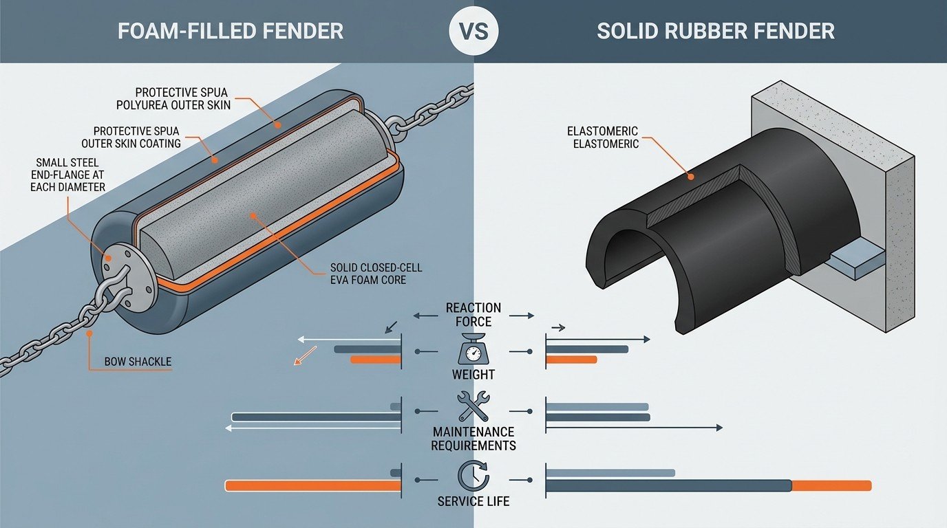 Foam filled fender vs rubber fender comparison chart Comparison chart contrasting foam filled fender and rubber fender across reaction force, weight, maintenance and service life