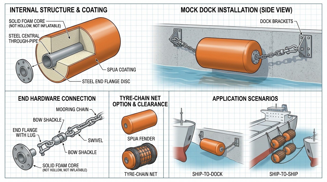 Foam-filled fender structure and installation infographic Engineering infographic showing foam-filled fender internal structure, dock installation, end hardware, and application arrangements