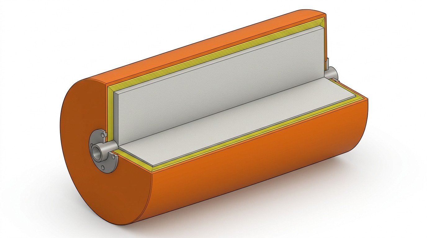 Foam filled fender internal structure diagram Cutaway diagram of a foam filled fender showing closed-cell foam core, reinforcement layer, polyurea skin and embedded end fitting