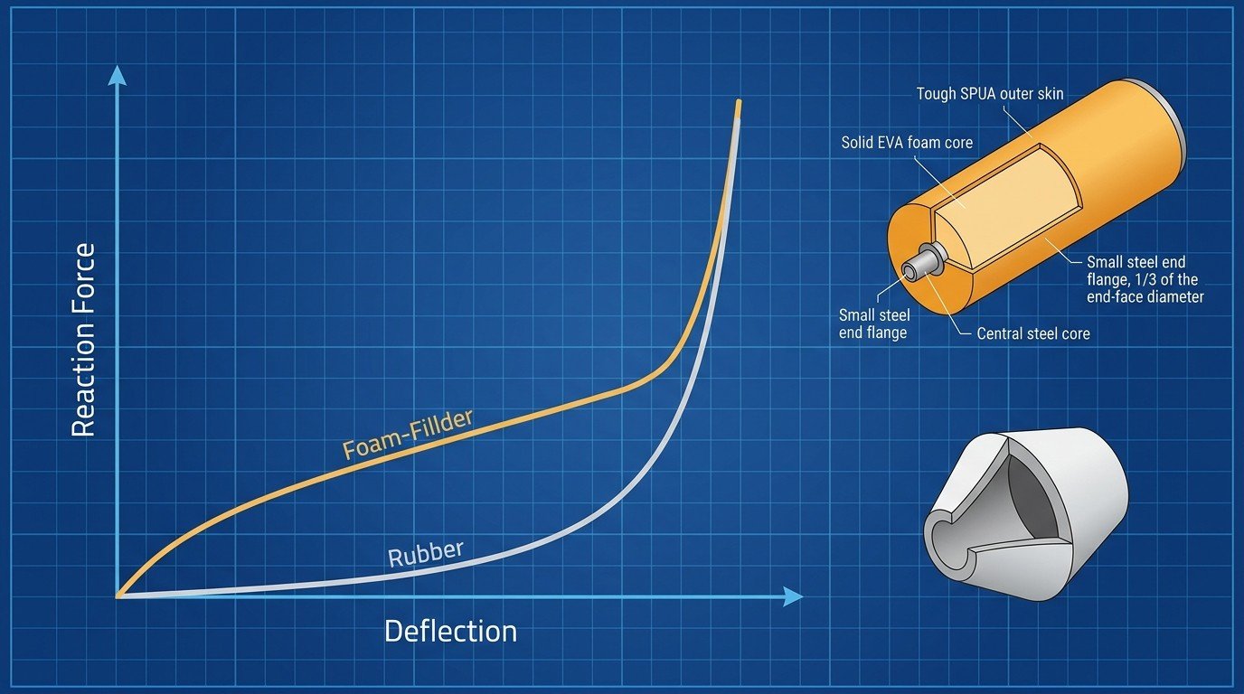 Reaction force versus deflection comparison diagram Diagram comparing reaction force versus deflection curves for a foam filled fender and a rubber fender at equal energy