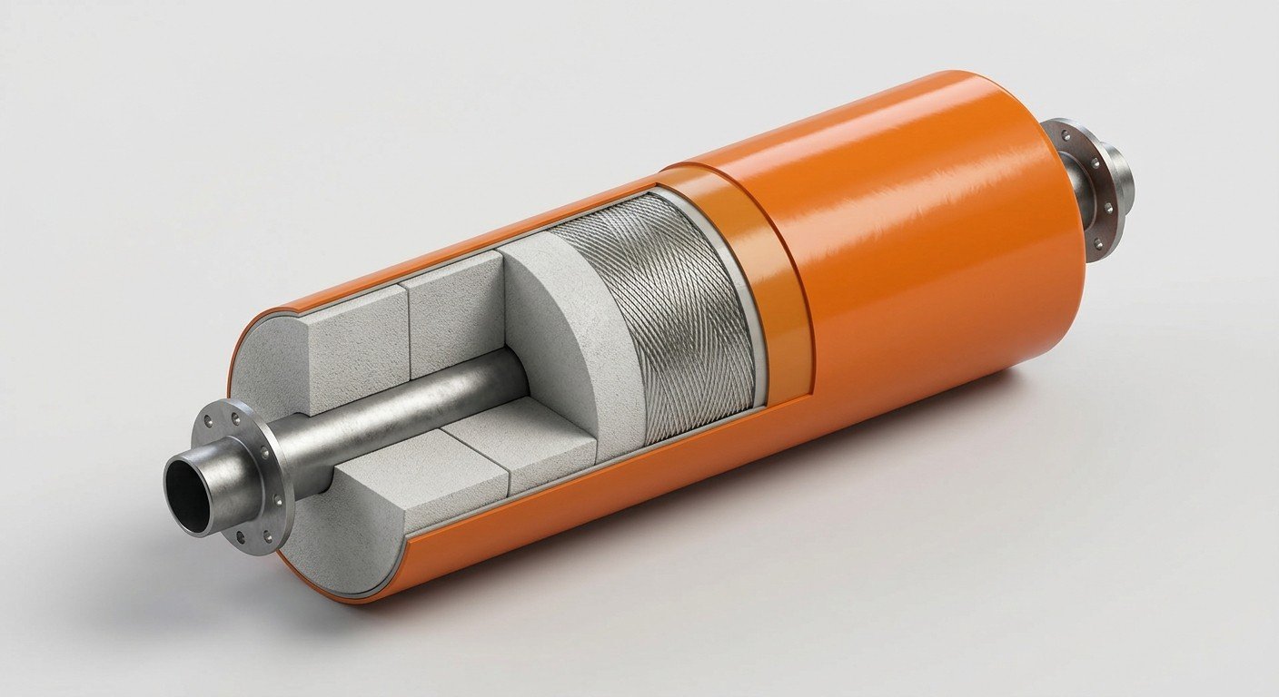 Foam-filled fender layered construction Cutaway illustration of foam-filled fender construction showing the central steel pipe, foam blocks, filament reinforcement, and polyurea skin