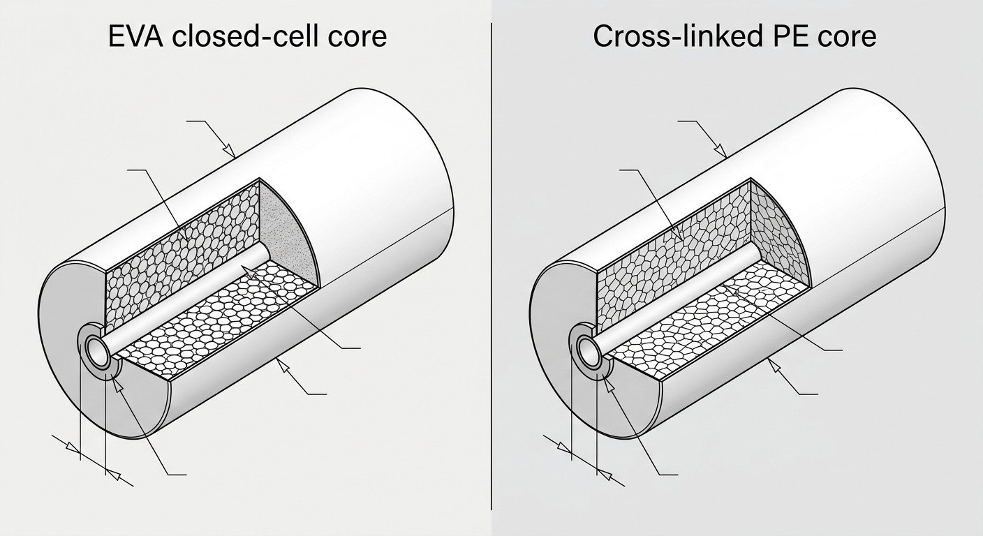 EVA versus PE foam core comparison Illustration summarizing EVA versus PE foam core selection factors for marine fenders