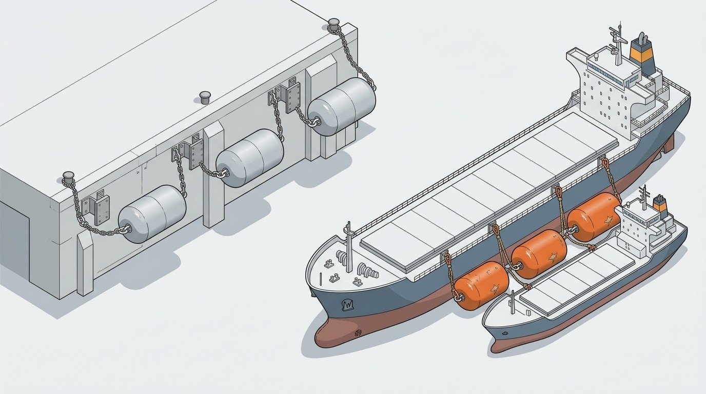 Fender selection by application isometric illustration Isometric illustration mapping foam filled fenders to floating berths and rubber fenders to fixed high-tonnage quay berths