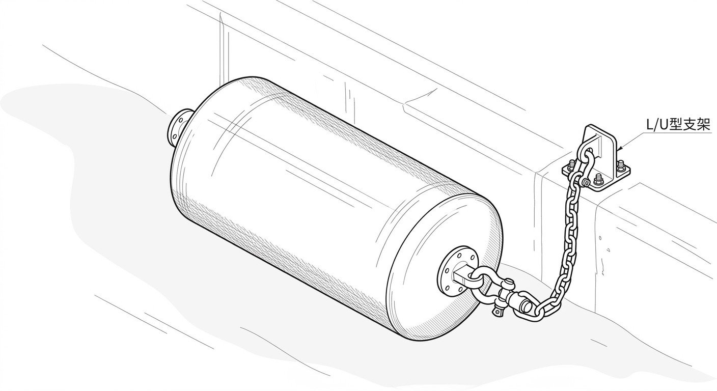 Rubber fender system mounted on quay wall illustration Line-art illustration of a cone rubber fender bolted to a steel front panel mounted on a concrete quay wall