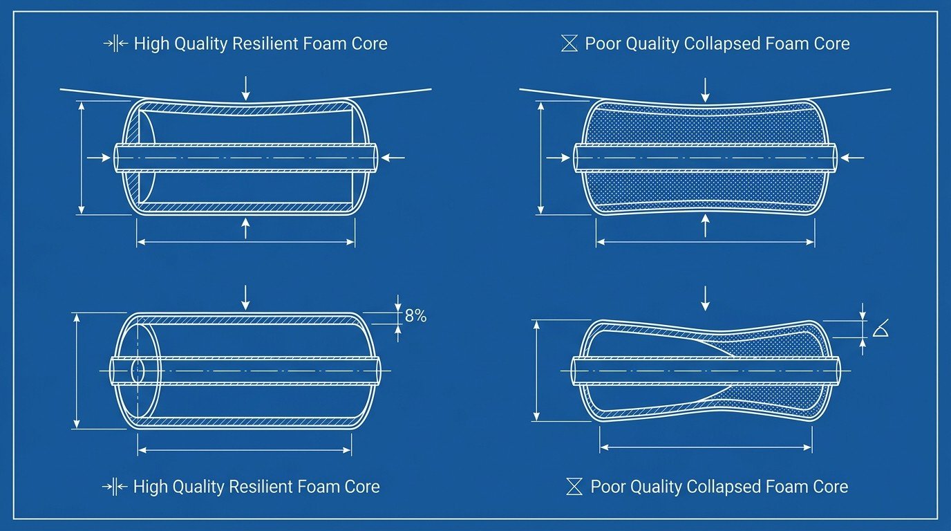 Foam core rebound versus collapse Line diagram comparing a foam fender core that recovers its shape versus one that stays permanently flattened after compression