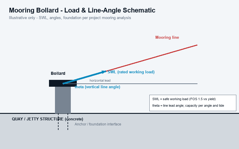 Mooring bollard load diagram showing horizontal and vertical line angle, SWL direction and the anchor and foundation interface