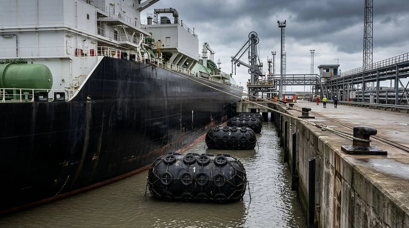 LNG carrier berthed alongside a terminal jetty with floating pneumatic fenders at the quay face