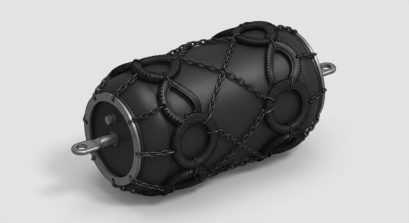Single Yokohama-type floating pneumatic fender with tyre-chain net and end flanges