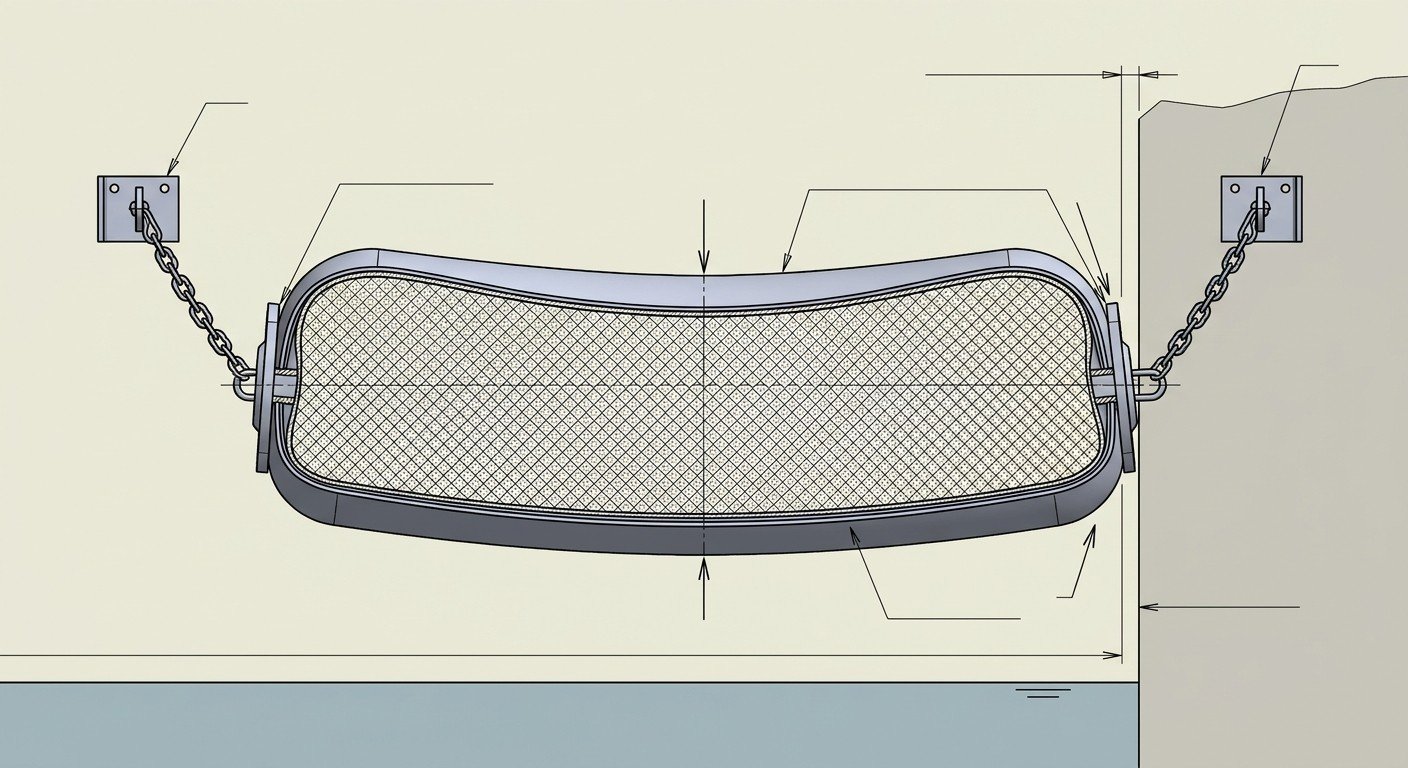 Flattened foam-filled fender against quay Technical illustration of a marine foam-filled fender permanently compressed and flattened against a quay wall
