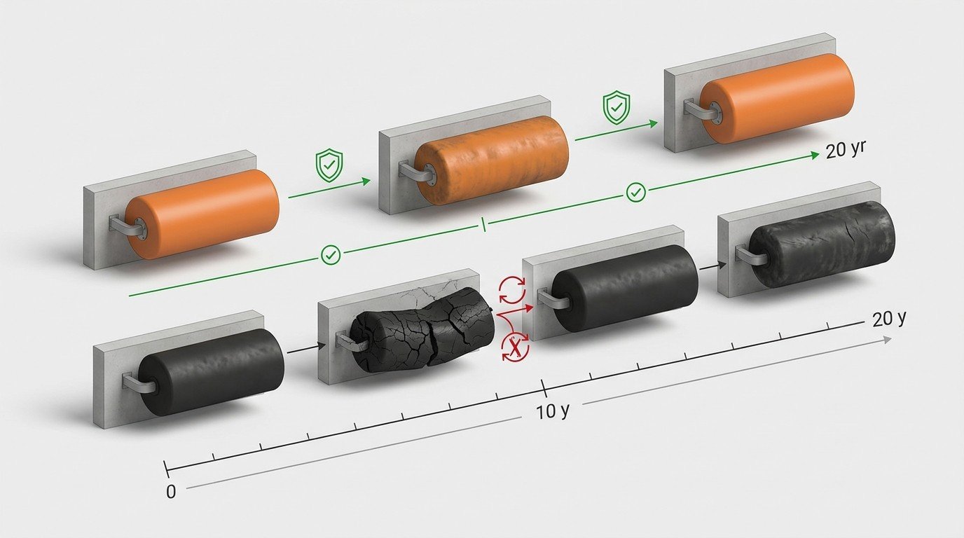Foam vs rubber fender lifespan timeline illustration Timeline illustration showing foam filled fender service life beyond 15 years versus rubber fender replacement near year 10