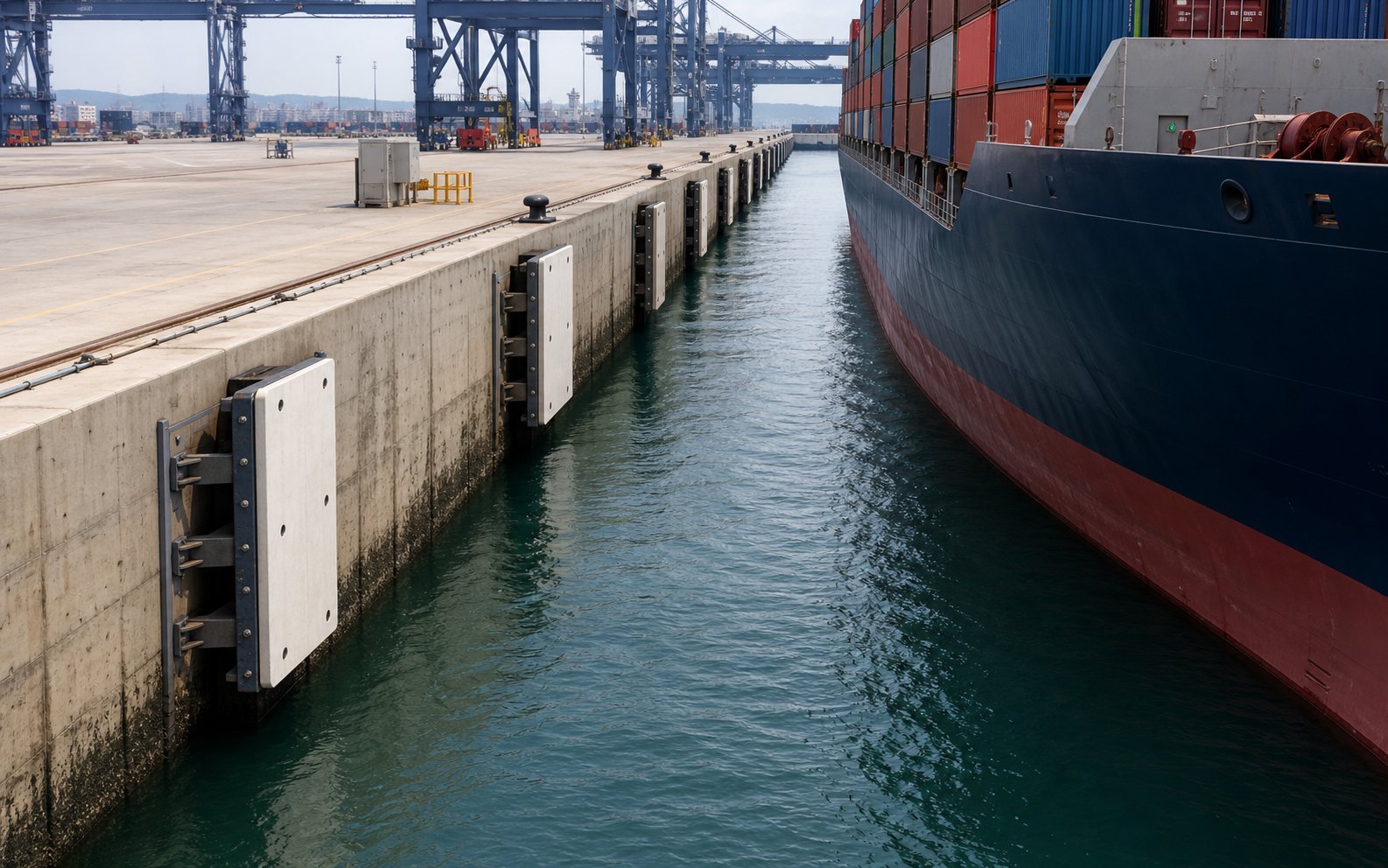 Engineering illustration of quay-mounted panel fenders at a container terminal