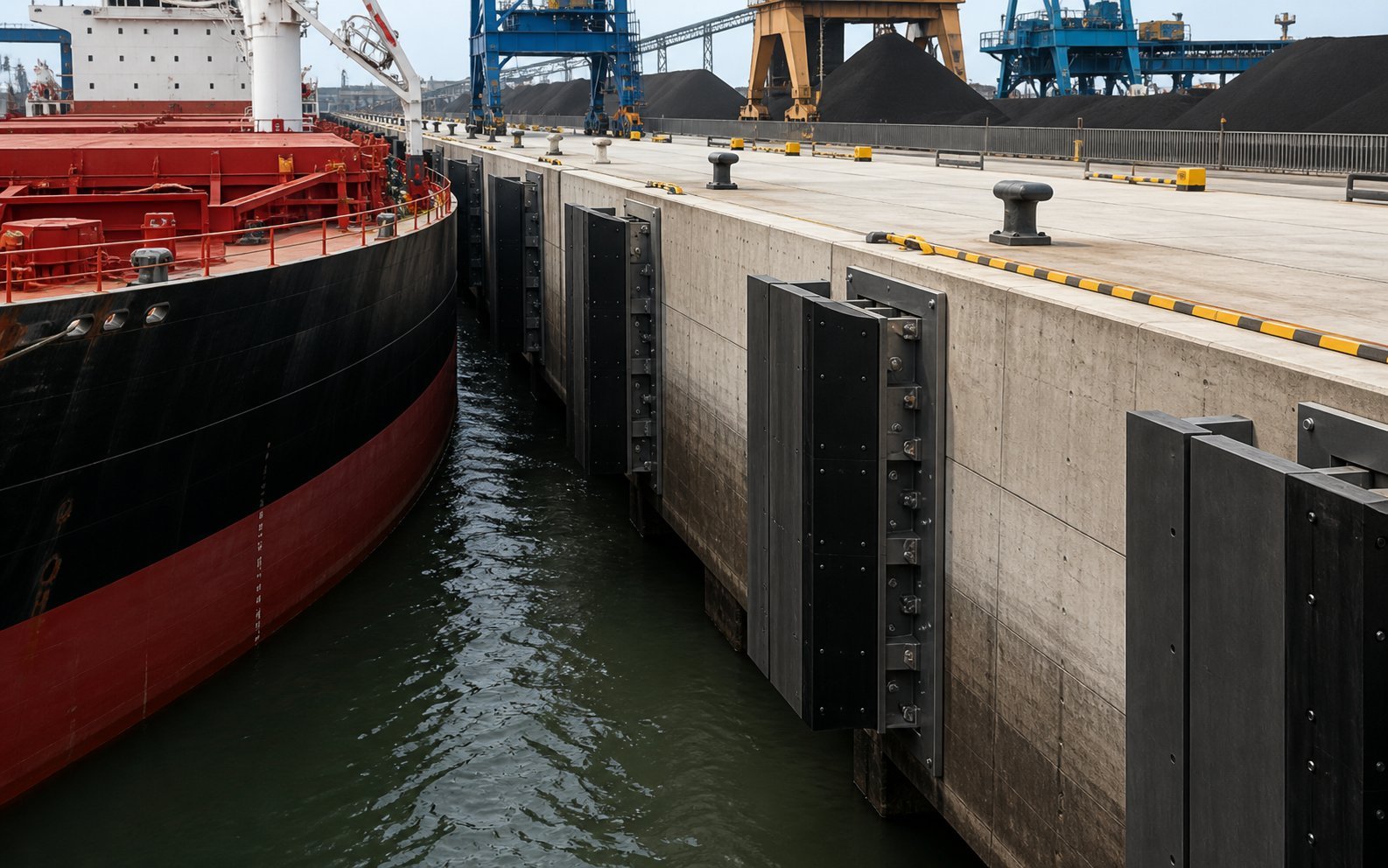 Engineering illustration of steel panel fenders at a bulk cargo berth