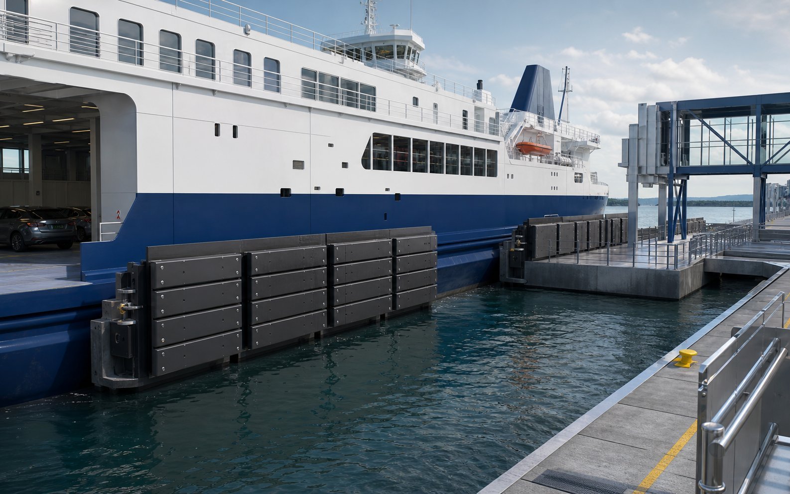 Engineering illustration of panel fender units on a fixed ferry terminal structure
