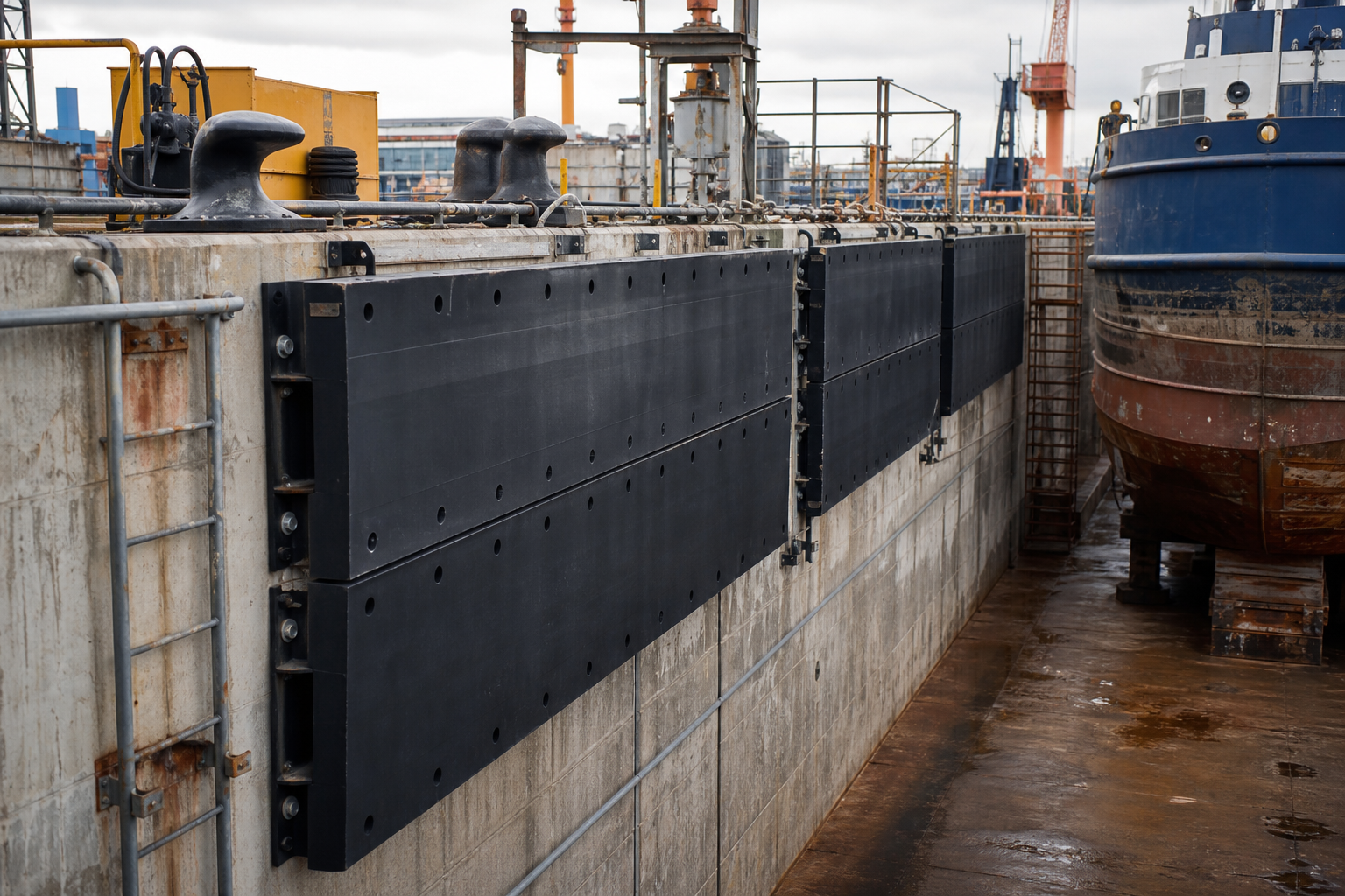 Engineering illustration of fixed rubber fender panels on a shipyard dry dock quay