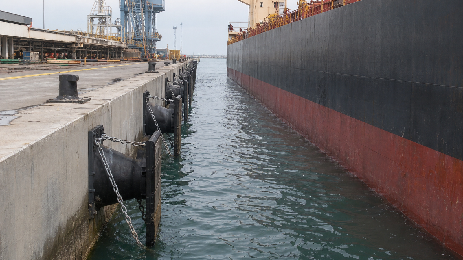 Engineering illustration of a bulk-berth scene with fixed quay fender panels
