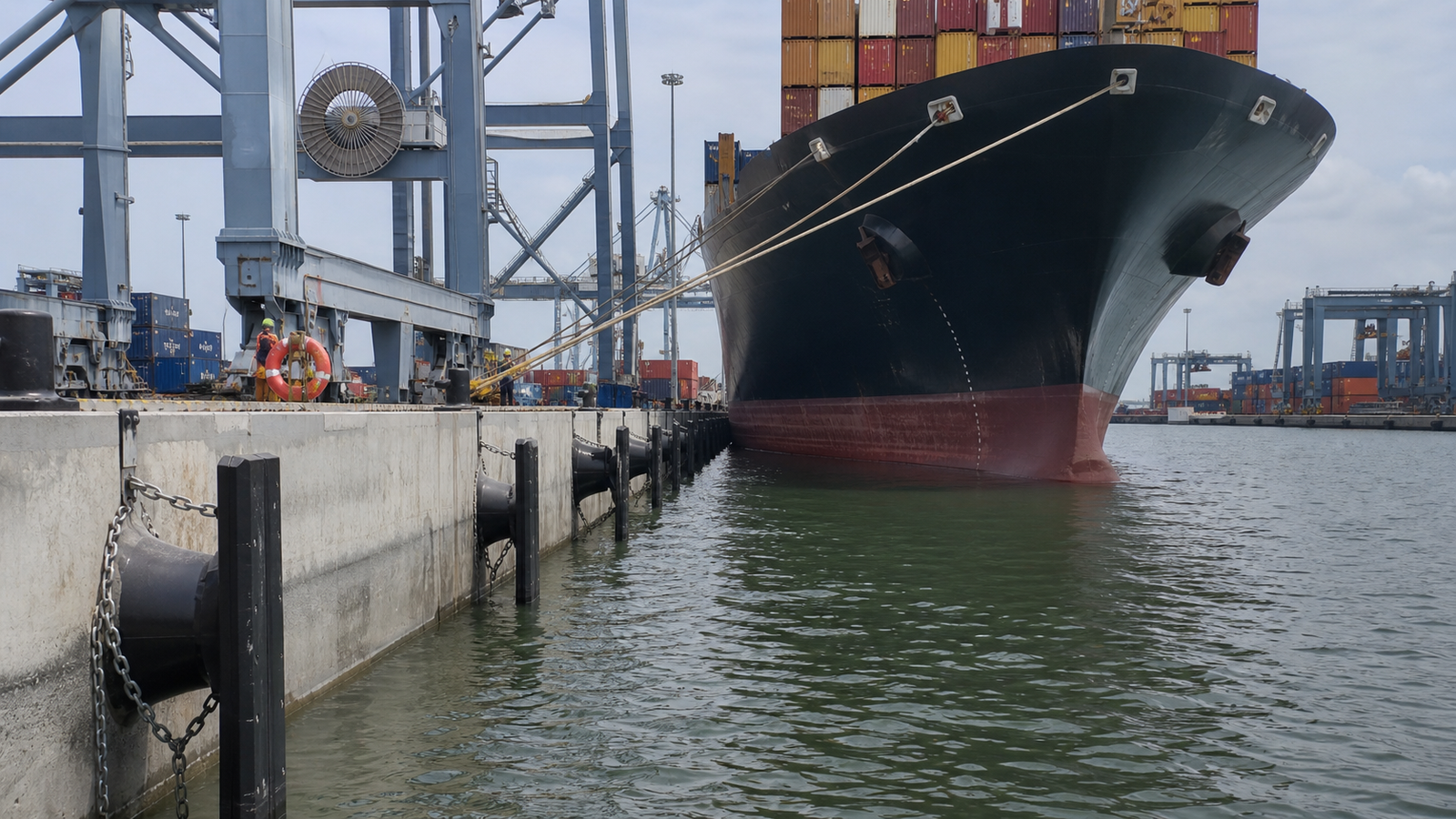 Engineering illustration of a container-terminal berth with fixed quay fender panels
