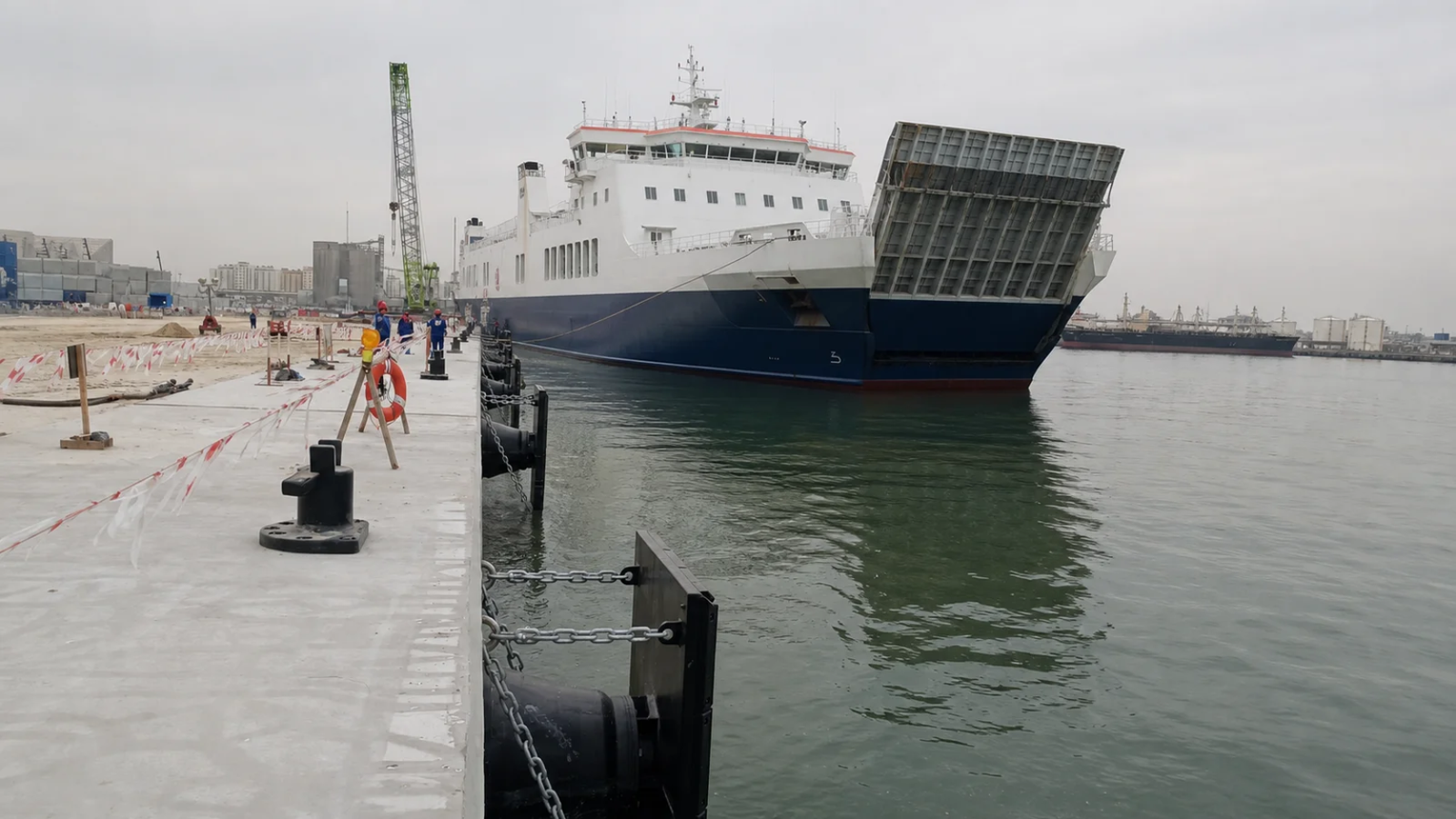 Engineering illustration of a ferry-terminal scene with compact fixed fender panels