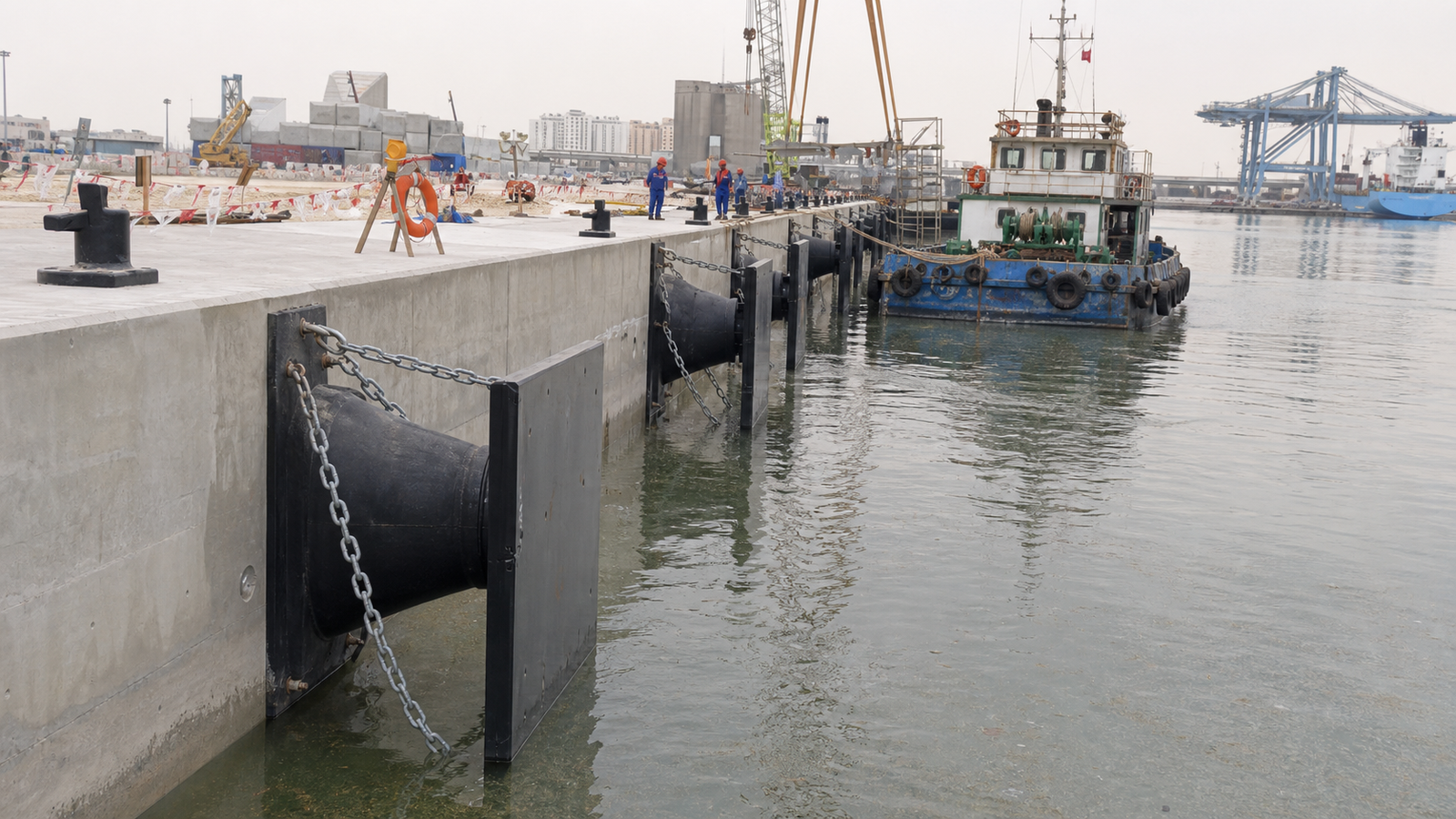 Engineering illustration of a shipyard berth with fixed fender protection
