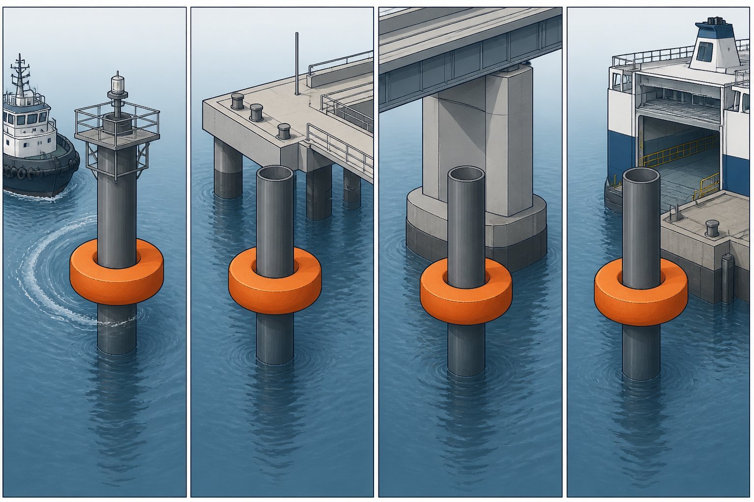 Four donut fender applications on piles: turning dolphin, lead-in jetty, bridge pier and ferry berth