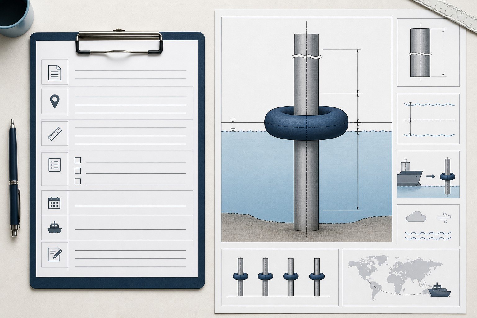 Donut fender RFQ checklist with a pile elevation sketch showing the ring at waterline