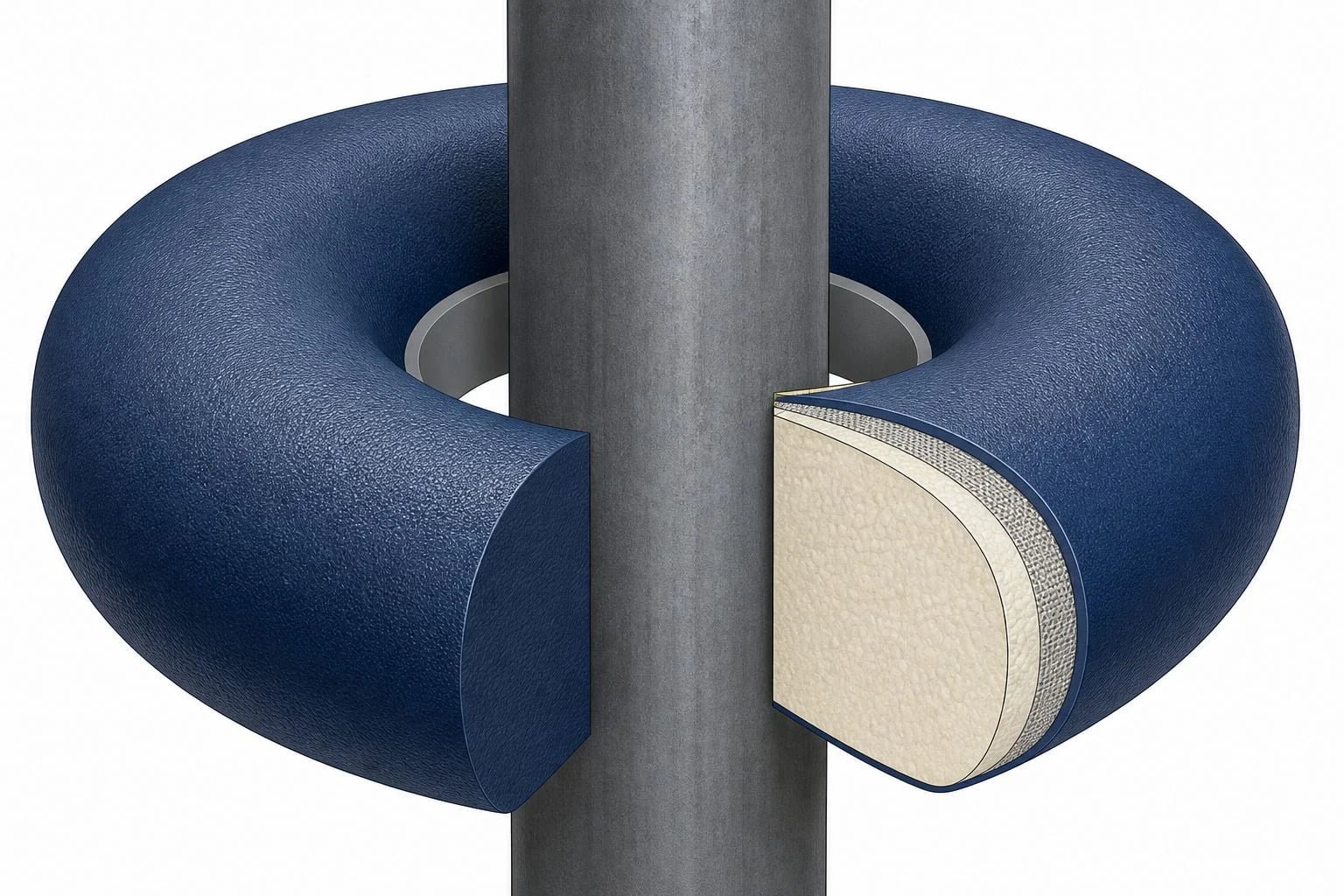 Sectional diagram of a donut fender showing foam core, reinforcement layers, polyurea outer skin and the pile interface zone