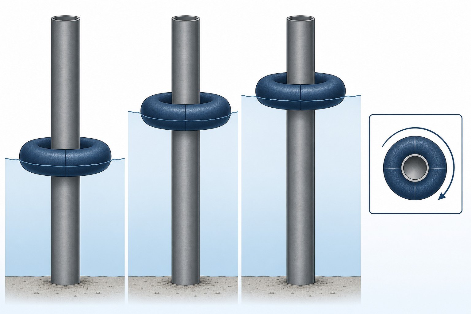 Section diagram of a donut fender moving with tide level on a pile and rotating around it in plan view