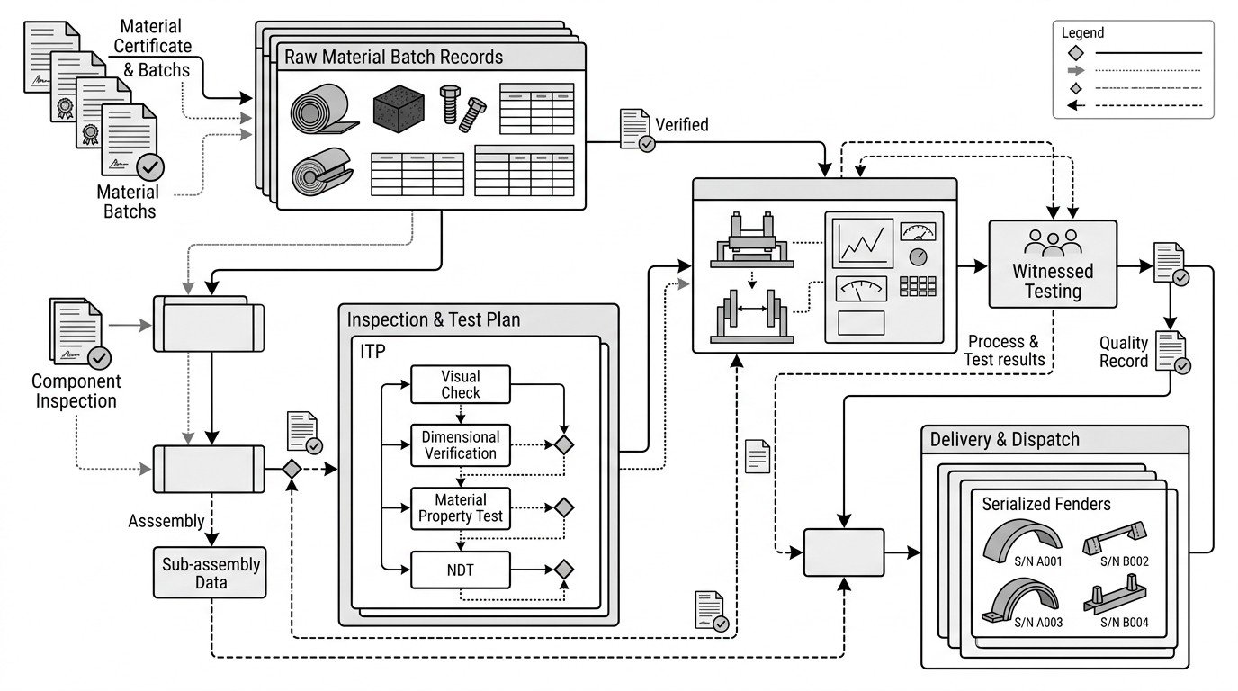 Fender evidence hierarchy and traceability flow Evidence hierarchy and traceability flow diagram from raw material batch records through inspection test plan, FAT and witnessed testing to delivered fender serial numbers