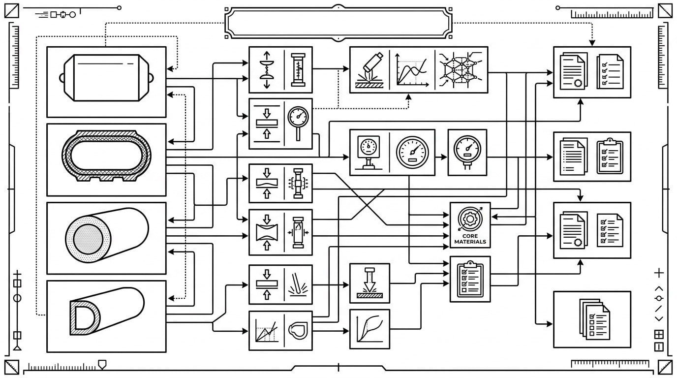 Marine fender evidence map by product type Product-specific evidence map diagram matching rubber, pneumatic, foam-filled and extruded marine fenders to their required test and documentation evidence