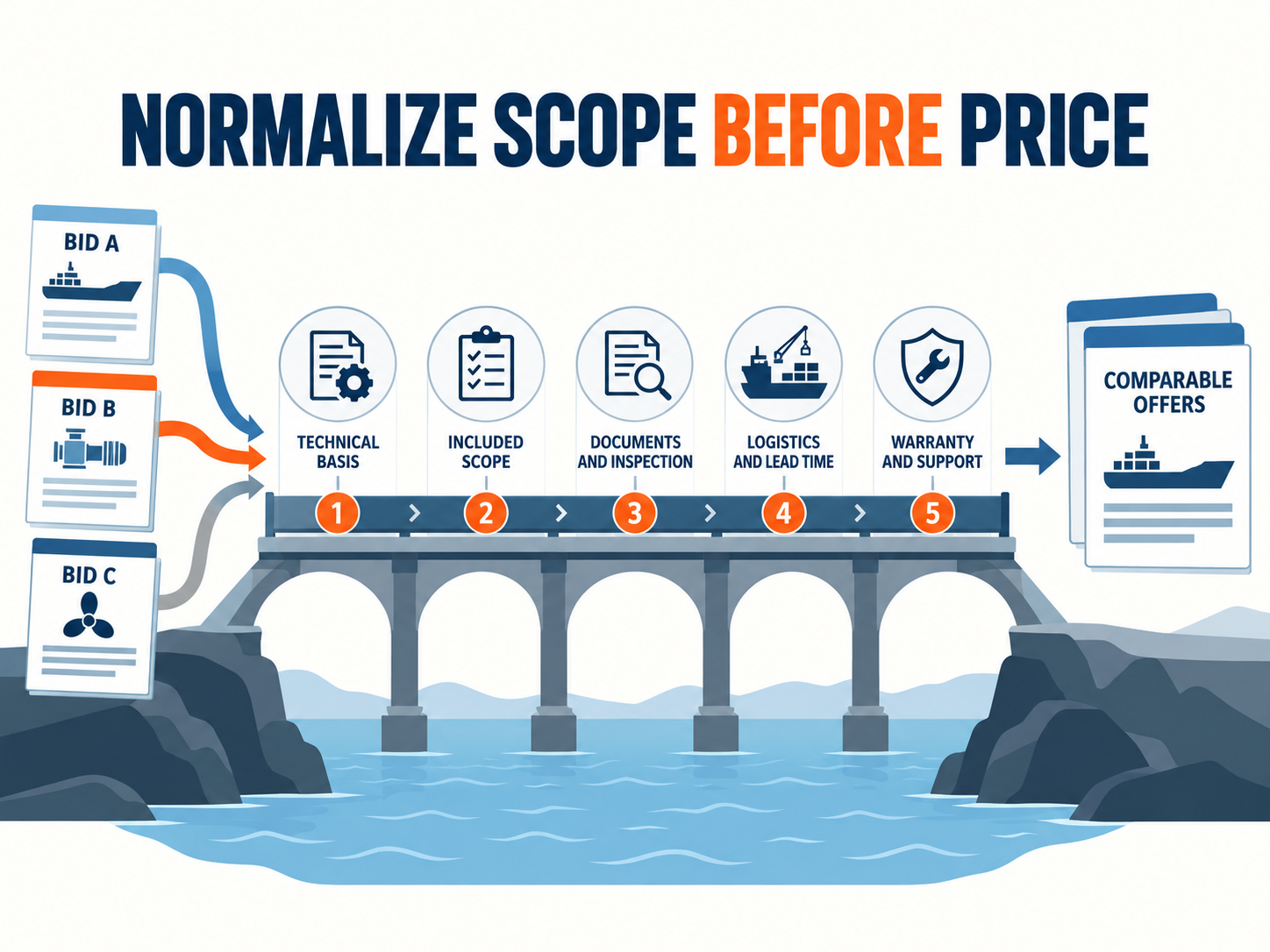 Marine Fender Bid Normalisation Process Infographic showing three marine fender bids passing through five scope-normalisation checkpoints to become comparable offers.