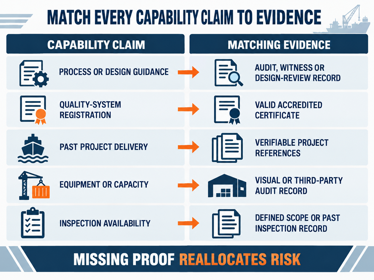 Marine Fender Capability Claim and Evidence Map Infographic matching five marine fender supplier capability claims to corresponding audit, certificate, reference, capacity and inspection evidence.