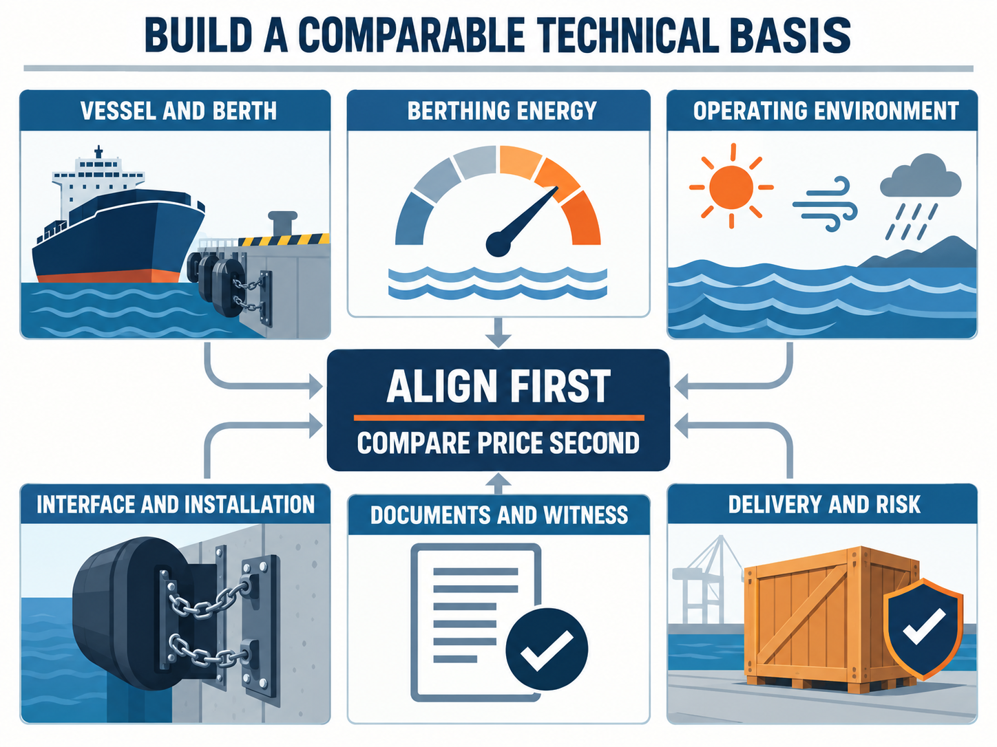 Marine Fender Supplier Comparison Basis Infographic showing six inputs to align before comparing marine fender supplier prices: vessel and berth, berthing energy, environment, interface, documents, and delivery risk.